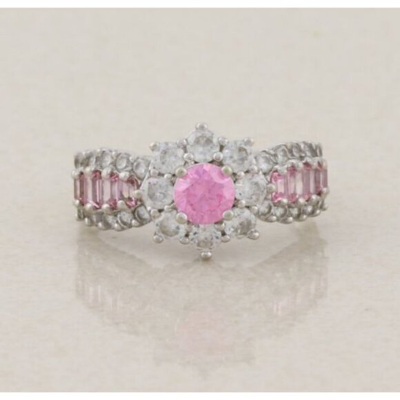 Sterling Silver Pink and White Flower Cubic Zirconia Ring Size 8 1/4 - Picture 1 of 7